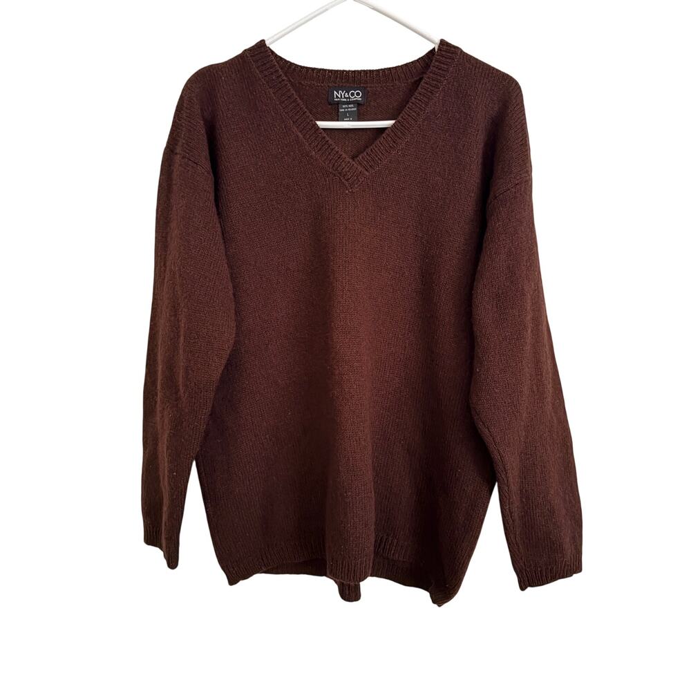 VTG Y2K NY&Co 100% Wool Chocolate Brown V-Neck Pullover Sweater Preppy Large